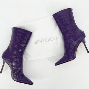 Jimmy Choo Purple Agathe Croc Embossed 100mm Mid-Calf Pointed Toe Boot IT 38